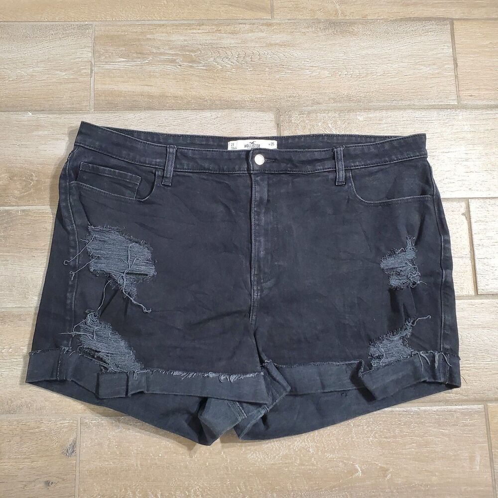 HOLLISTER HIGH-RISE DENIM SHORTS BLACK STRETCH SIZE 35